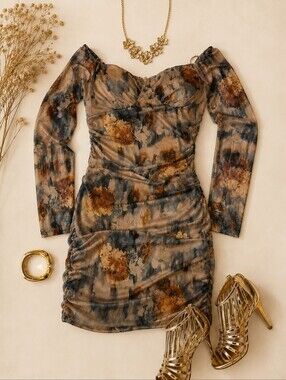 STEPS NY Floral Metallic Mini Dress L Ruched Sweetheart Neck Long Sleeve